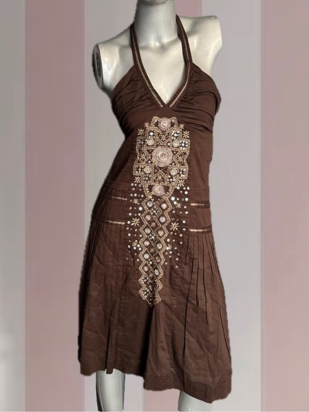 Y2K Brown / Gold Embellished Halter Midi Dress